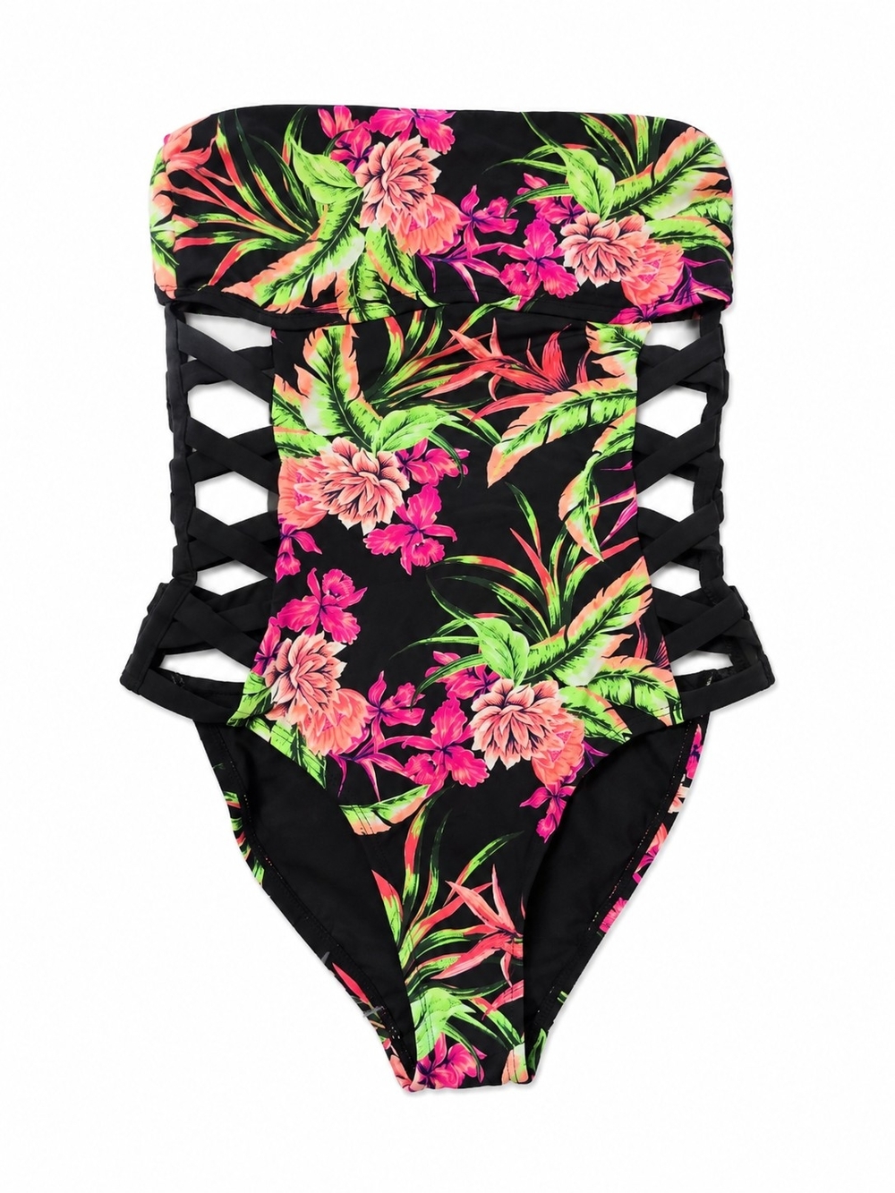 Black Tropical Floral Tube Top One-Piece Swimsuit With Cutouts Size Small